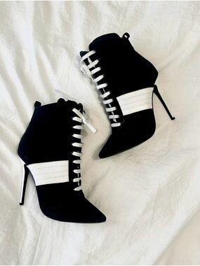 Black & White Lace-Up Stiletto Ankle Boots
